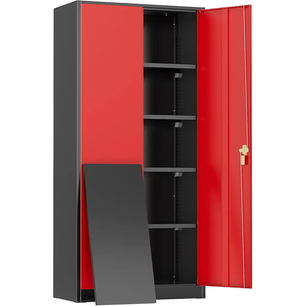 Greenvelly Metal Storage Cabinet, Steel Garage Cabinet with Doors and Adjustable Shelves, Metal Cabinet with Lock,Tall Steel Storage Cabinet for Garage,Home Office,School (Black Red)