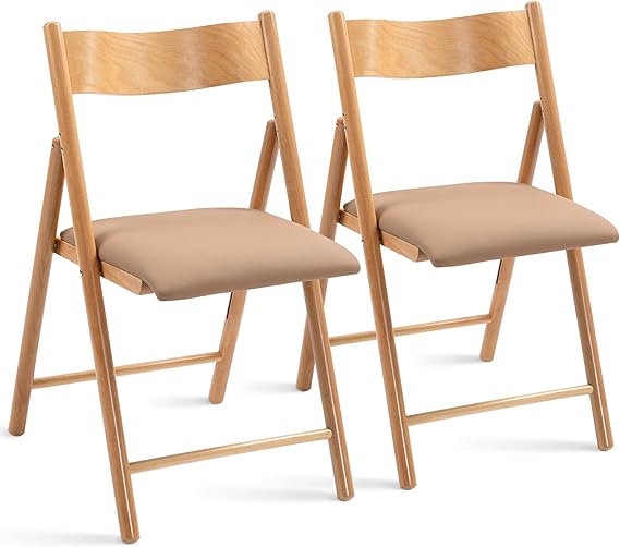 HOMEFUN Wooden Folding Chairs 2 Pack, Padded Folding Chairs with Wear-Resistant Faux Leather Cushion, Portable and Assembled Folding Dining Chair for Guests Kitchen Office Wedding and Party,Khaki