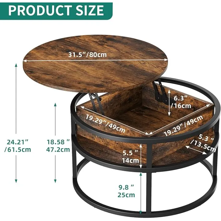 YITAHOME Round Coffee Tables for Living Room, Lift Top Coffee Table with Storage, Farmhouse Coffee Table, Wood Coffee Table with Hidden Storage Compartment, Center Table for Living Room, Rustic Brown