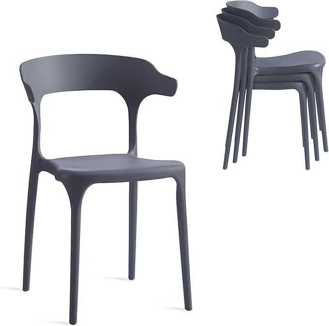 Modern Stackable Dining Chair Set, No Assembly, Plastic Chair, Patio Chair, Suitable for Indoor and Outdoor Cafes and Restaurants, Set of 4 (Charcoal Gray)