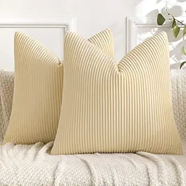 Woaboy Beige Throw Pillow Covers Set of 2 Velvet Striped Pattern Pillow Covers 18x18 Inch Soft Luxury Decorative Pillow Covers Home Decor for Winter Couch Bed Living Room