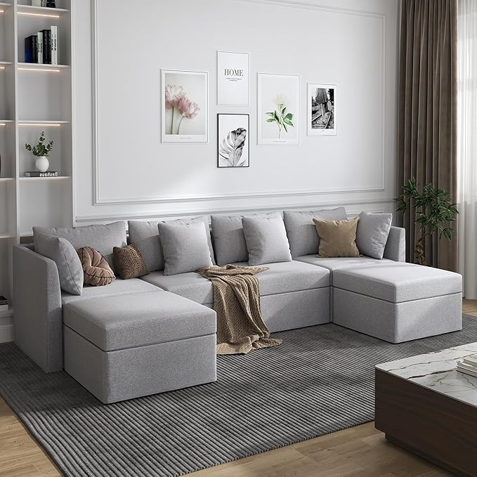 VOLUNCE Sectional Couch for Living Room, Convertible U Shaped Couch with Storage Ottoman Throw Pillow, 4 Seat Sofa Set with Double Reversible Chaises, Sectional Sleeper Sofa Bed, Light Gray