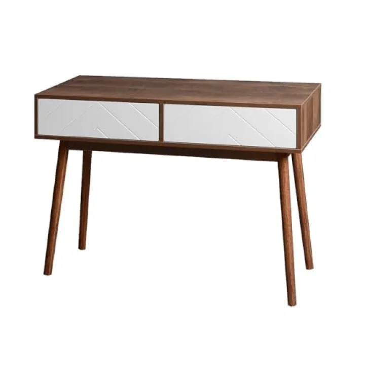 FRITHJILL Mid-Century Modern Writing Desk with 2 White Chevron Pattern Drawers, Solid Wood Legs, Compact Desk for Home, Office, Study
