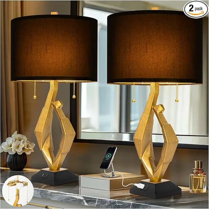 Sculptural Table Lamp Set of 2 with USB Ports For Living Room, Gold Leaf Finish Farmhouse Bedside Lamps with S Cluster Pull Chains Switch for Bedroom, Rustic Nightstand Lamp for Office, Hotel, Bar