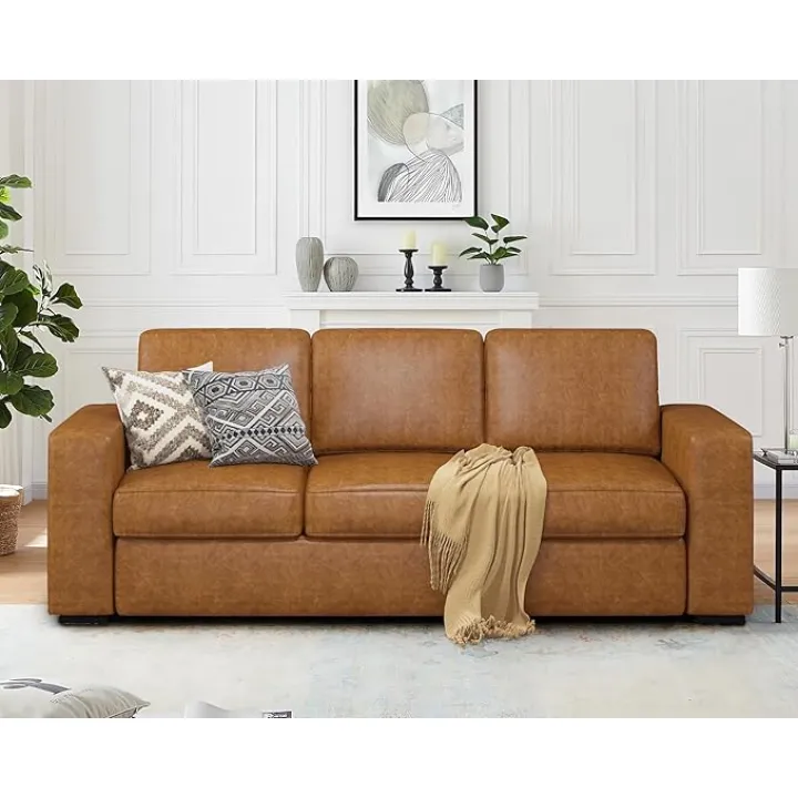 85" Sofa Couches for Living Room, Faux Leather Sofa, 3-Seater Comfy Modern Couch for Apartment Office,Brown