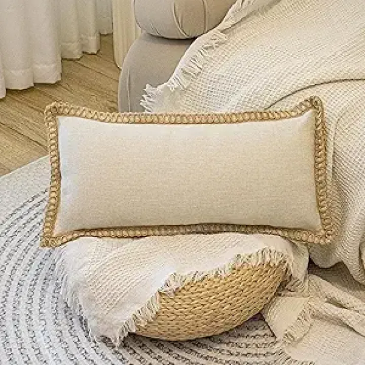 Burlap Linen Lumbar Pillow Cover 12 x 26 inch, Trimmed Tailored Edges Cushion Cover Farmhouse Modern Decorative Pillow Case Outdoor Decor, Oatmeal Beige, Pack of 1 (Cover Only)