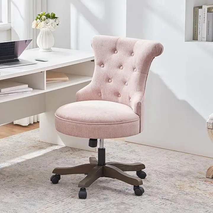 Home Office Chair Adjustable Height Swivel Chair with Wheels Linen Fabric Upholstered Computer Desk Chair with Wooden Legs Comfortable Armless Chair for Home Office Study Studio (Pink)