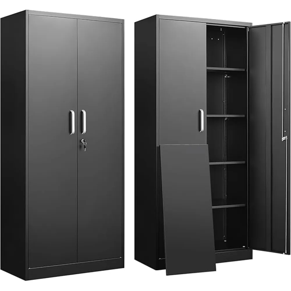 Garage Storage Cabinet with Doors and Shelves, Metal Storage Cabinet with Adjustable Shelves, Kitchen Pantry Cabinet, File Cabinets for Home Office, Filing Cabinet, 71'H, Matte Black