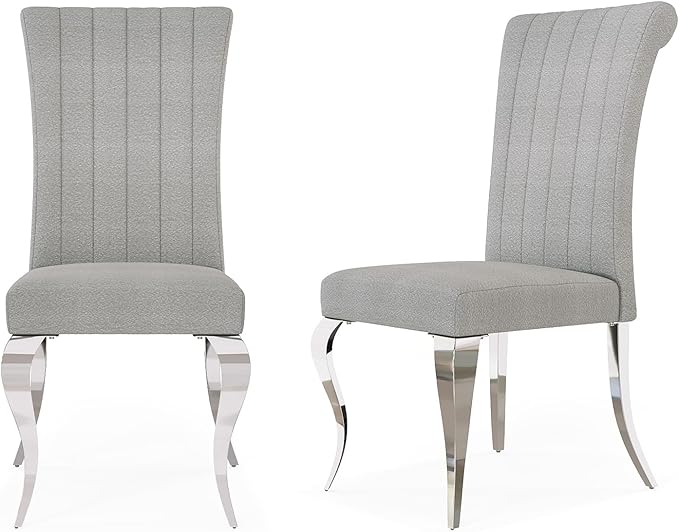 Gray and Silver Dining Chairs Set of 2, Modern Upholstered High Back Kitchen Dining Chairs with Thick Cushions Stainless Steel Polished Silver Legs, Loads 500 LBS for Kitchen Dining Room Bedroom