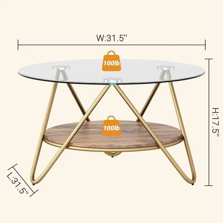 ASYA Gold Coffee Table for Living Room, 2-Tier Round Coffee Table with Tempered Glass & Metal Frame, Modern Glass Coffee Table for Home&Office (Wood Grain)