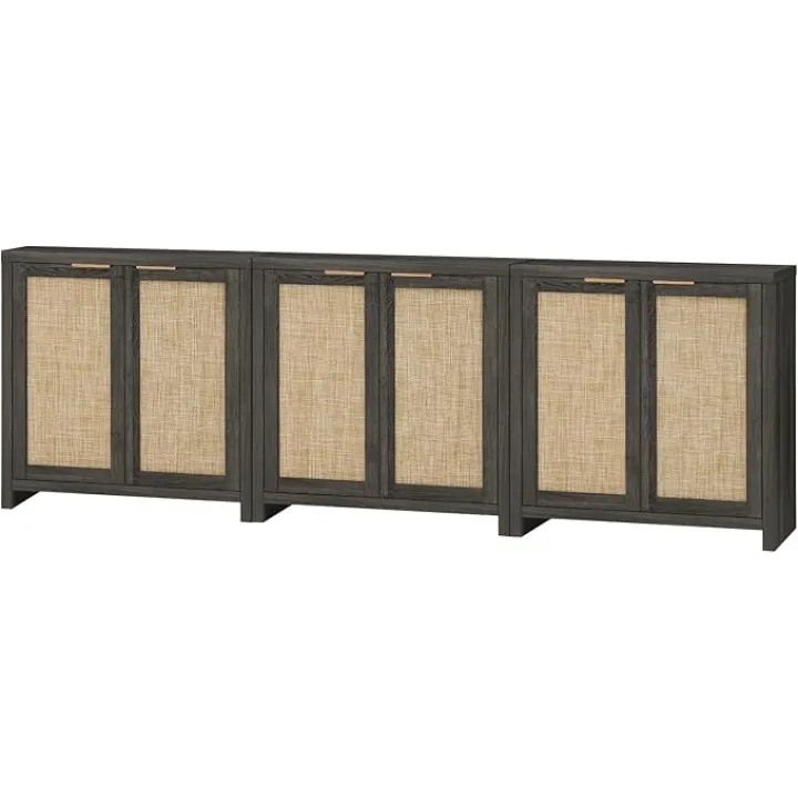 Buffet Cabinet, Rattan Storage Cabinet with Doors and Adjustable Shelves, Modern Credenza Kitchen Sideboard Coffee Bar Buffet Table Media Console for Living Room Dining Room Hallway, 3PCS