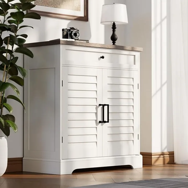 ChooChoo Farmhouse Shoe Cabinet with Doors, 4-Tier Shoe Storage Cabinet with Drawer and Shelves, Wooden Shoe Rack Organizer for Entryway, Hallway, Closet, Soft White & Brown