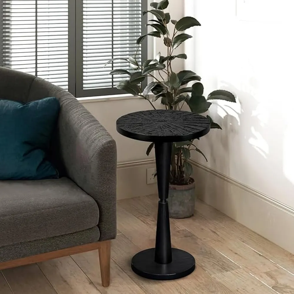 Small Side Table, Pedestal Small Drinking Table, Handcraft Relief Table top for Small Space, Living Room, Black