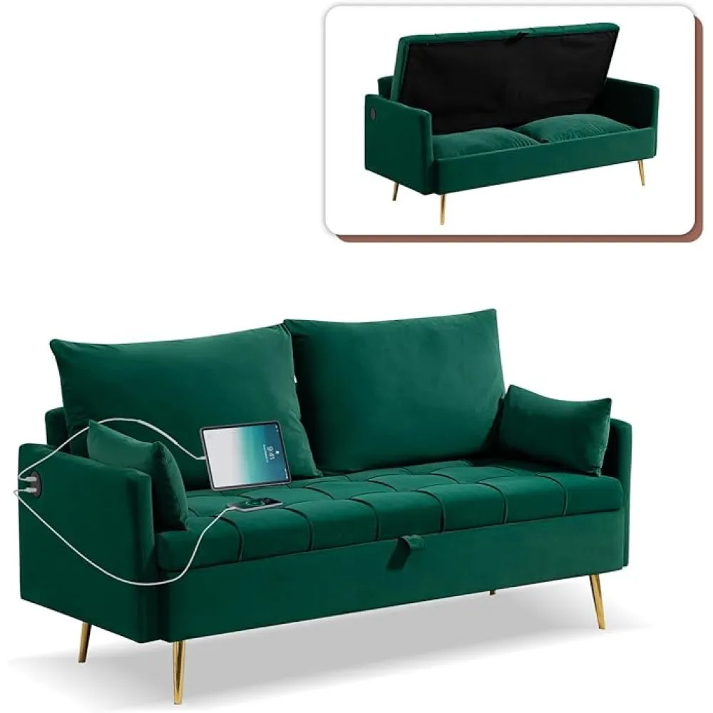 60'' Velvet Loveseat Sofa Couch with Storage, Modern Loveseat Couch with 4 Pillows & Metal Legs, Small Loveseat Sofa with USB & Type C for Living Room,Bedroom, Apartment(Green)