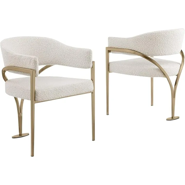 Best Quality Furniture Modern Upholstered Chair in Cream Boucle Fabric with Gold Legs – Versatile Living Room & Dining Room Seating – Set of 2