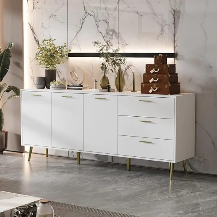 63” Sideboard Buffet Cabinet with Pop-Up Door & Adjustable Shelves, Credenza Sideboard Cabinet with Drawer & Gold Handles, Gold Accents, for Living Room Black (63”W x 15”D x 31.5”H)