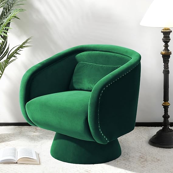 RoyalCraft Swivel Barrel Chair,360 Degree Swivel Accent Chair, Modern Round Chair with Pillow, Comfy Fabric Living Room Chairs for Bedroom, Office, Green