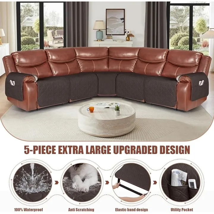 VANSOFY Extra Large Reclining Sectional Couch Covers, Waterproof 5-Piece Sofa Covers for L Shape Sectional Sofa Corner Seater Washable Slipcover for Pets, Dogs(5 Seat Recliner Cover, Chocolate)