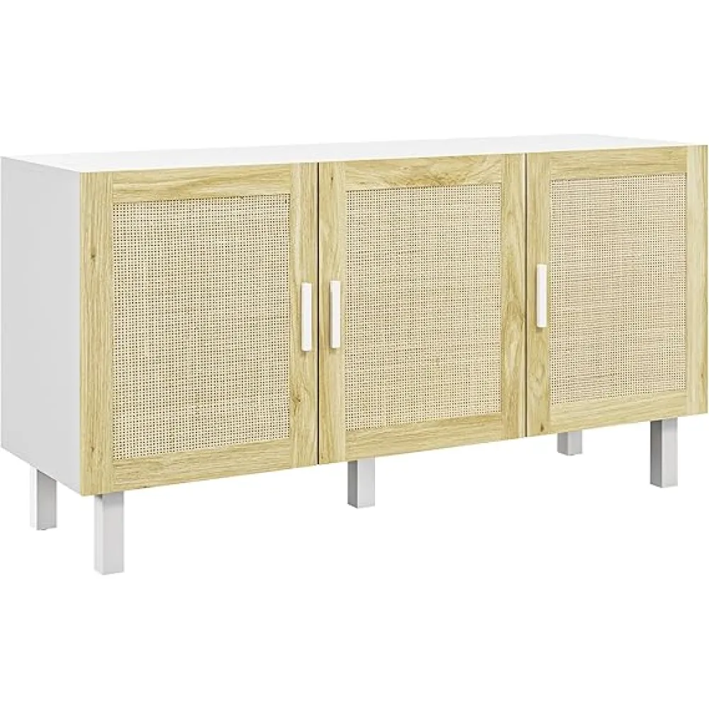 HOMCOM Sideboard Buffet Cabinet, Coffee Bar Cabinet with 3 Rattan Doors and Adjustable Shelves for Kitchen, Living Room, White and Natural