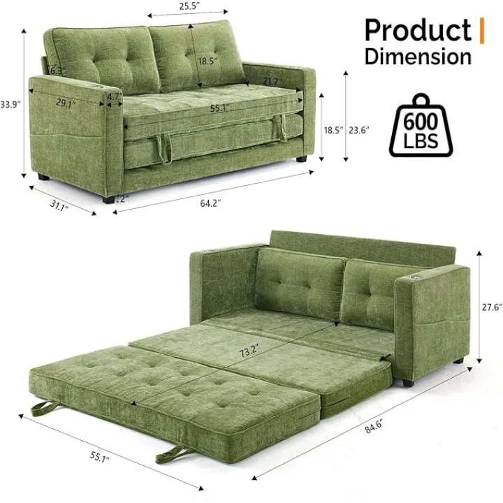 VINGLI Sofa Bed Full Size Pull Out Couch Bed Olive Green Futon Couch 64" W 84" L Loveseat Sleeper Floor Couches for Living Room Convertible Loveseat Sofa Foldable Sofa Bed