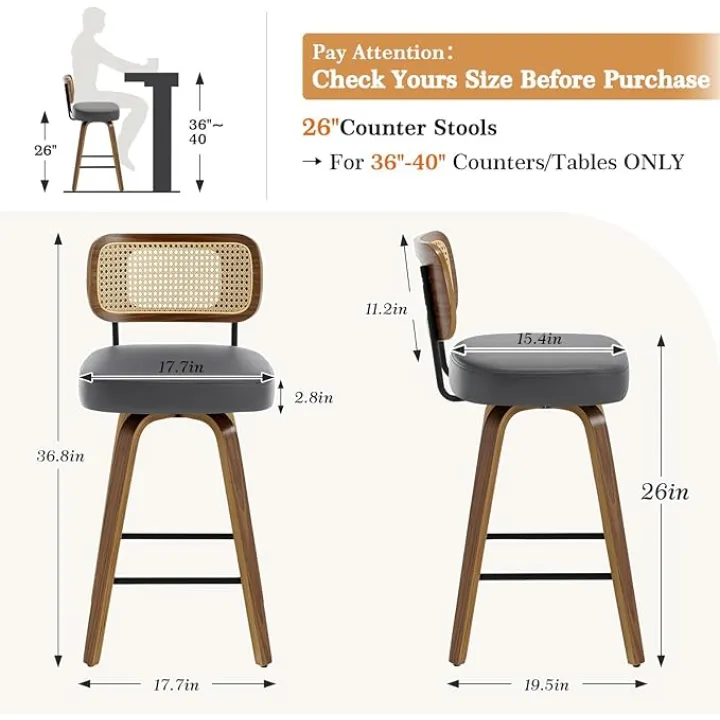 Swivel Counter Height Bar Stools Set of 3, Upholstered Faux Leather Barstools with Rattan Back, 26" Seat Height Bar Chairs for Kitchen Island, Bentwood Wood Frame, Grey