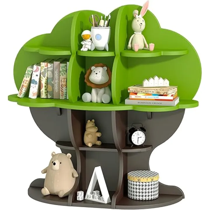Tree Kids Bookshelf Toddler Bookcase 4-Tier Baby Book Rack Children Toy Storage Organizer Wood Display Shelf for Nursery Playroom Bedroom Classroom School Homeschooling Boy Girl’s Gift (green tree)
