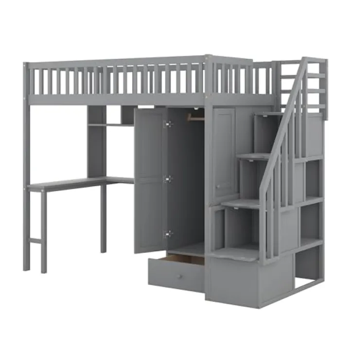 Whimsical Twin Loft Bed with Bookshelf, Drawers, Desk, and Wardrobe, Sturdy Construction, Fence-Shaped Design Gray