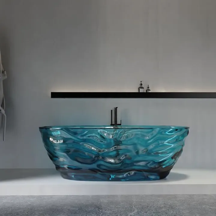 66" Resin Transparent Freestanding Bathtub, Contemporary Oval Stand Alone Tubs, Translucent Resin Freestanding Bath 1670 MM with Drain Lake Blue 8851-1700-BLUE