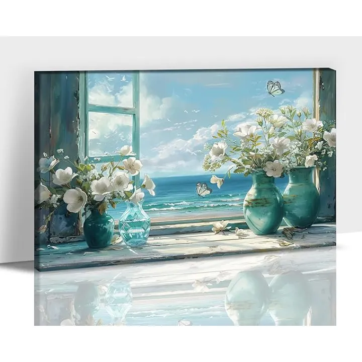 Farmhouse Bathroom Canvas Wall Art, Rustic White Flower in Bottle Painting Prints for Bedroom Wall Decor, Framed Vintage Floral and Butterfly on Blue Beach Pictures for Room Artwork 12x18 Inches