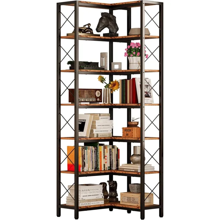 IRONCK Corner Bookshelf, 7-Tier Industrial Corner Bookcase, Tall Corner Shelf Storage Display Rack with Metal Frame for Living Room Home Office, Vintage Brown