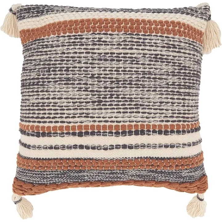 SARO LIFESTYLE Color Band Fringed Outdoor Throw Pillow Cover