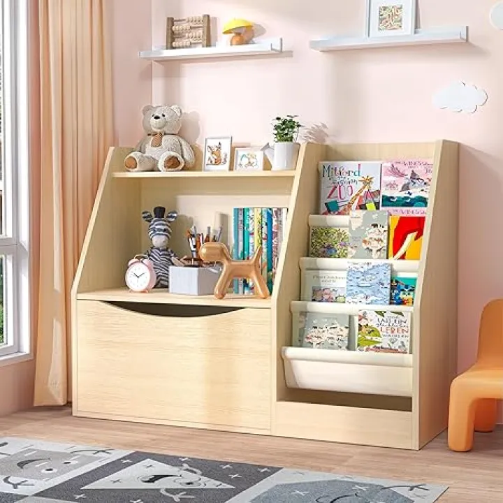 TOETOL 2 Tier Kids Bookshelf and Book Storage,4 Sling Toddler Bookshelf, Storage Boxes Book Shelf & Organizer for Nursery Playroom Classroom Library Bedroom Natural Wood