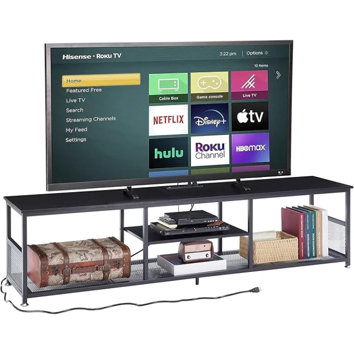 VECELO TV Stand with Power Outlets for Televisions up to 80Inch, 70" Media Entertainment Center with Charging Station 3-Tier Open Storage Shelves with Metal Frame for Living Room/Bedroom，Black