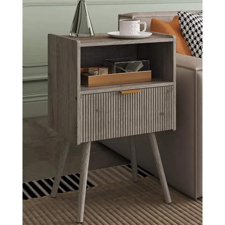 Nightstand,Modern Bedside Table with Storage Drawer and Open Wood Shelf, Accent Night Stand with Solid Wood Legs for Living Room, Bedroom and Small Spaces,Easy Assembly (Grey Oak)