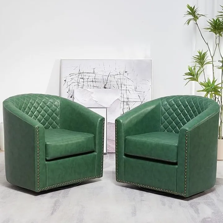 29" Wide Tufted Faux Leather Swivel Barrel Chair Set of 2, PU Leather Modern Upholstered Accent Chairs with Nailhead Trim, Small Armchair for Living Room Bedroom, Green