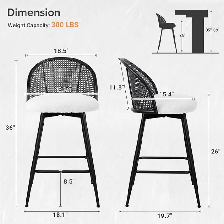 Counter Height Bar Stools Set of 3 Swivel Barstool with Black Rattan Cane Backs, 26" Boucle Fabric Upholstered Counter Stools for Kitchen Island, Boho Mid-Century Modern Bar Chairs, White