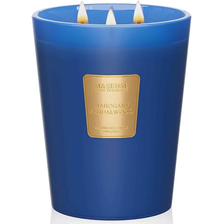 M&SENSE Mahogany Sandalwood Candles for Home Scented, 35oz Extra Large 3 Wick Natural Soy Candles, 150 Hours Long Lasting Clean Burning Glass Jar Candles Gifts for Women Men
