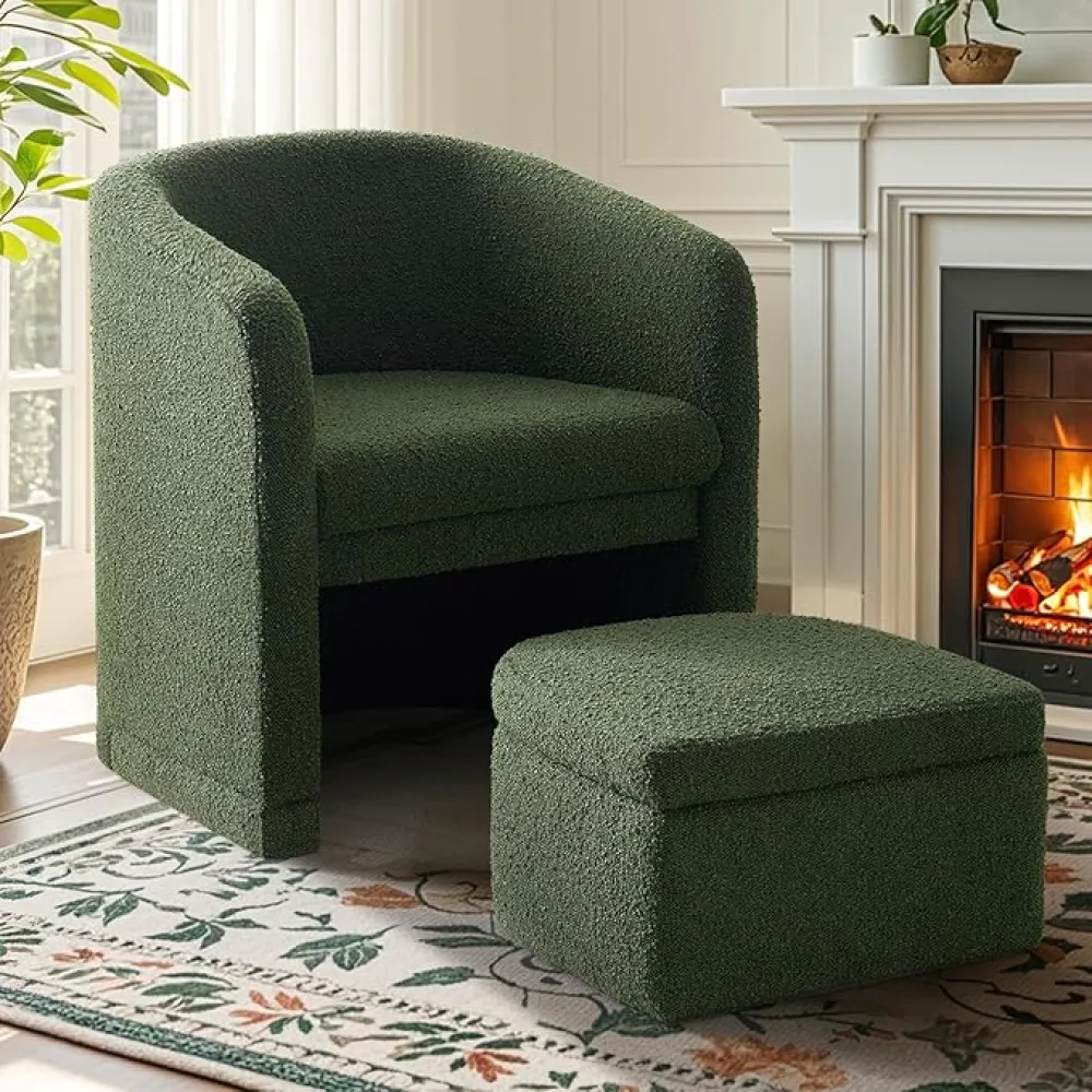ELUCHANG Green Accent Chair with Storage Ottoman, Upholstered Barrel Arm Chair with Footrest, Modern Living Room Side Chair for Bedroom/Office/Small Space, Premium Boucle