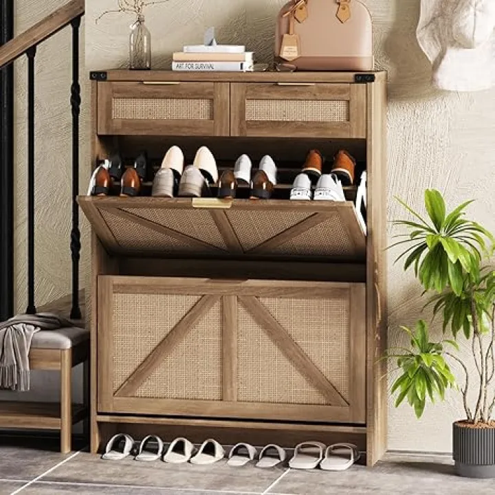 Shoe Cabinet with 2 Flip Drawers & 2 Drawers,Farmhouse Shoe Storage Cabinet for Entryway,Slim Freestanding Narrow Organizer Rack for Front Door Entrance,Rustic Oak Rattan