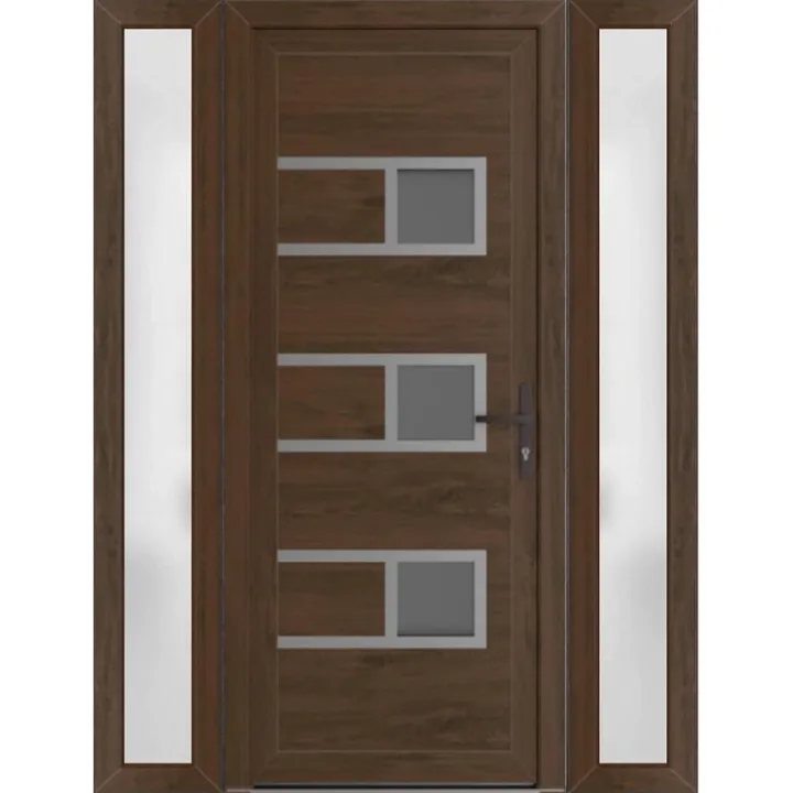VDOMDOORS Front Exterior Prehung Metal-Plastic Door Frosted Glass | Manux 8933 Walnut | 2 Side Sidelite Transoms | 64" x 80" (W14+36+14" x H80) Left Hand Inswing
