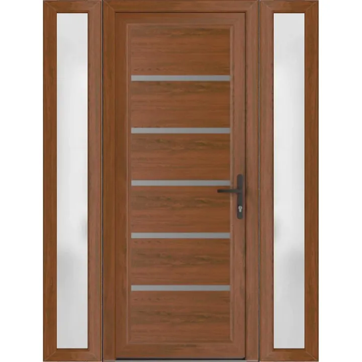 VDOMDOORS Front Exterior Prehung Metal-Plastic Door | Manux 8415 Walnut | 2 Side Sidelite Transoms | 54" x 80" (W12+30+12" x H80) Left Hand Inswing