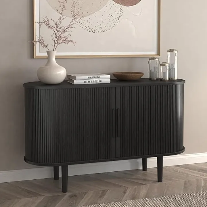 47" Sideboard Tambour Storage Cabinet, Buffet Cabinets with Storage with Doors and Shelves, Fluted Sideboard Cabinets for Kitchen, Corner Cabinet for Entryway and Living Room, Black