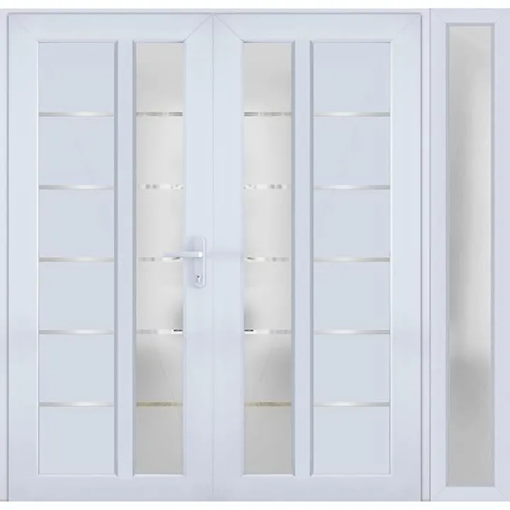 VDOMDOORS Front Exterior Prehung Metal-Plastic Double Doors/MANUX 8088 White Silk/Sidelite Exterior Window / 86" x 80"
