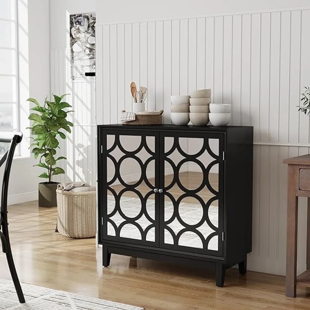 HLR Sideboard Cabinet with 2 Mirror Doors, Modern Buffet with Storage, Accent Storage Cabinet for Living Room, Dining Room, Entryway, Black