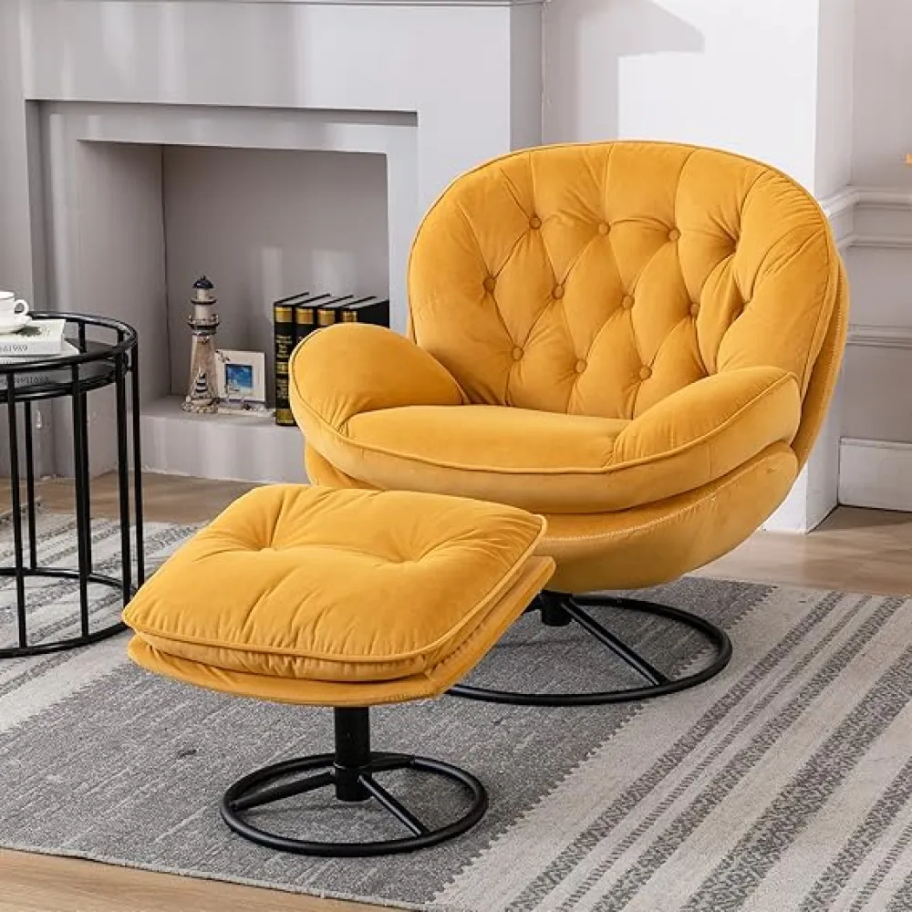 360° Swivel Accent Chair with Ottoman Set, Comfy Velvet Reading Chairs for Adults, Modern Upholstered Lazy Lounge Chair with Metal Base and Footrest, Tufted Armchair for Living Room, Bedroom, Yellow