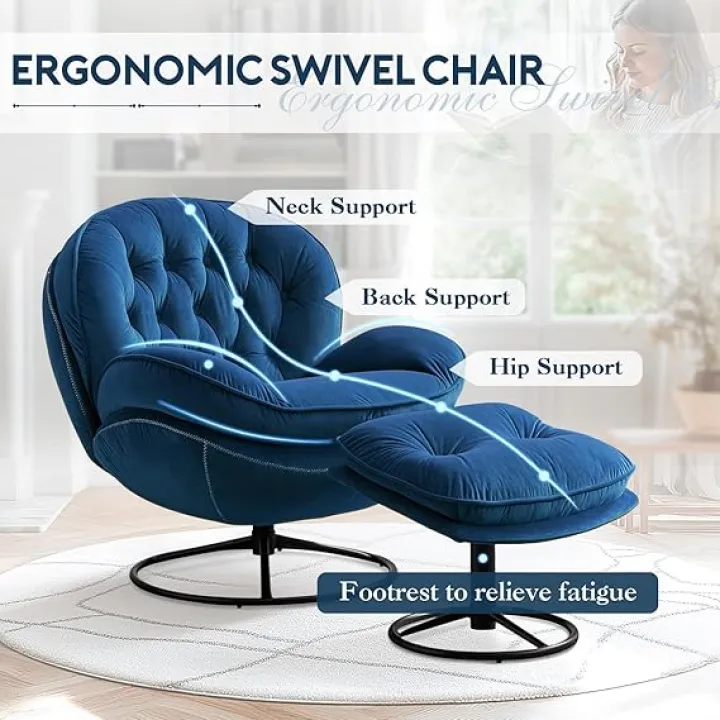 360° Swivel Accent Chair with Ottoman Set, Comfy Velvet Reading Chairs for Adults, Modern Upholstered Lazy Lounge Chair with Metal Base and Footrest, Tufted Armchair for Living Room, Bedroom, Green