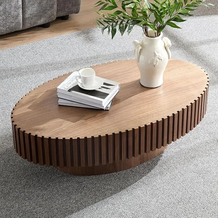 LUMISOL Modern Handcraft Drum Coffee Table, 43.7inch Wooden Oval Side Table, Small Center Table End Table with Sturdy Pedestal for Living Room, Office, Apartment, Walnut