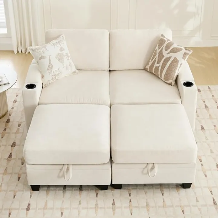 Bumblr Convertible Sectional Sleeper Sofa Bed Couch with Storage Seat, Modern Sectional Sofa, Comfy Chenille Fabric Armrest Storage and Cup Holder for Living Room, Beige