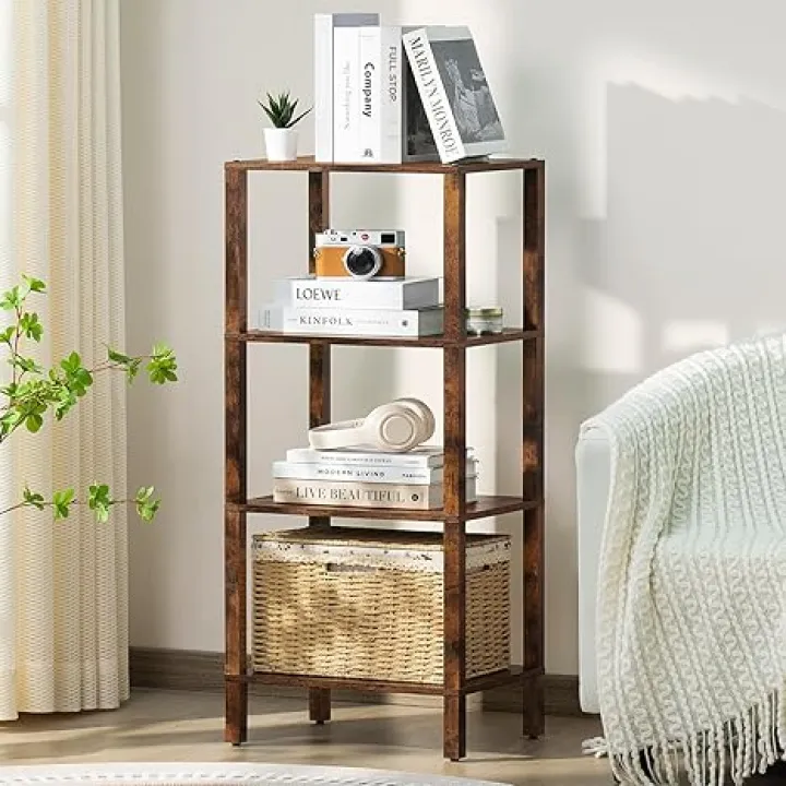 4 Tier Tall Wooden Bookshelf with Storage - Small Bookcase for Small Spaces, Shelf for Living Room, Office, Bedroom, Kitchen - Industrial Retro Brown Book Shelf