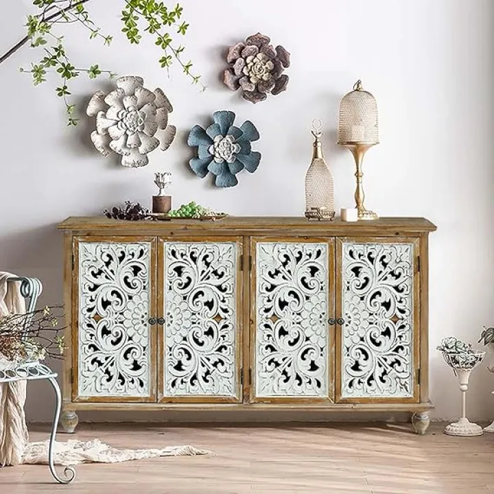 60" Vintage Sideboard Buffet Cabinet,French Country Sideboard,Farmhouse Hollow Carved Credenza Accent Cabinet for Living Room, Dining Room, Natural Wood